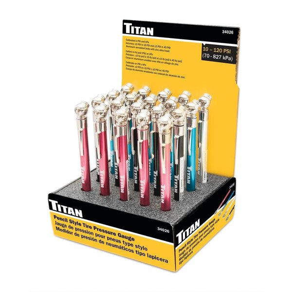 Titan 20-Piece Pencil Tire Gauge 10-120 PSI, Counter Display 34026-20